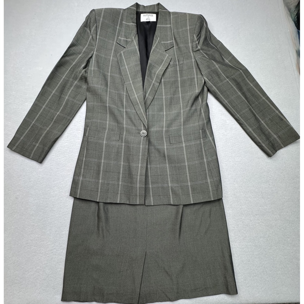 Kasper A.S.L Skirt‎ Suit Gray Windowpane 2 Piece Womens Size 10